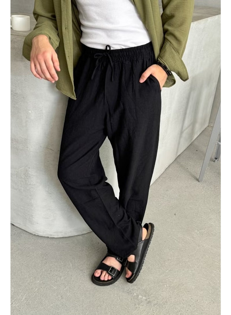 HYMAN Men's Elastic Waist Baggy Linen Trousers - Image 1